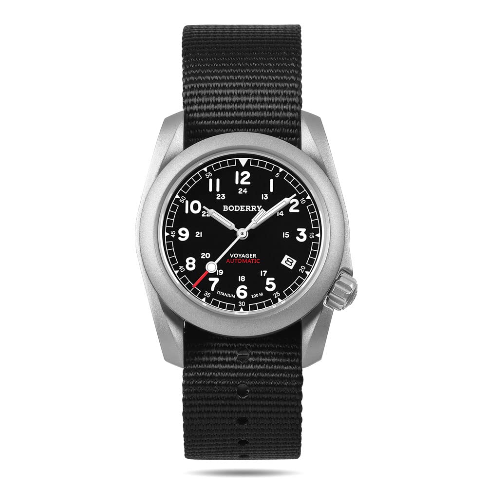 BODERRY Men's Titanium Automatic Military Watch 40mm, Day Date, 100M Waterproof, Japanese Mechanical Movement Voyager