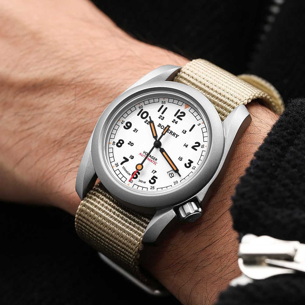 BODERRY Men's Titanium Automatic Military Watch 40mm, Day Date, 100M Waterproof, Japanese Mechanical Movement Voyager