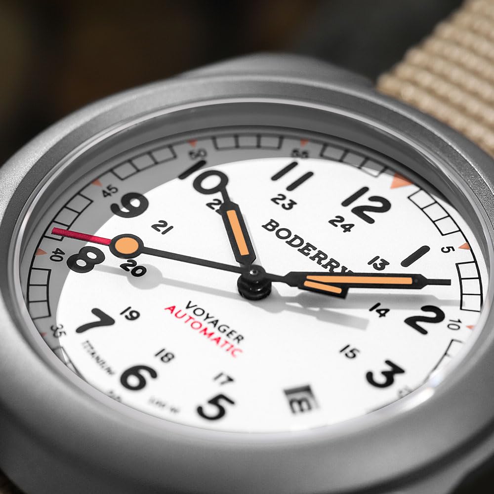 BODERRY Men's Titanium Automatic Military Watch 40mm, Day Date, 100M Waterproof, Japanese Mechanical Movement Voyager