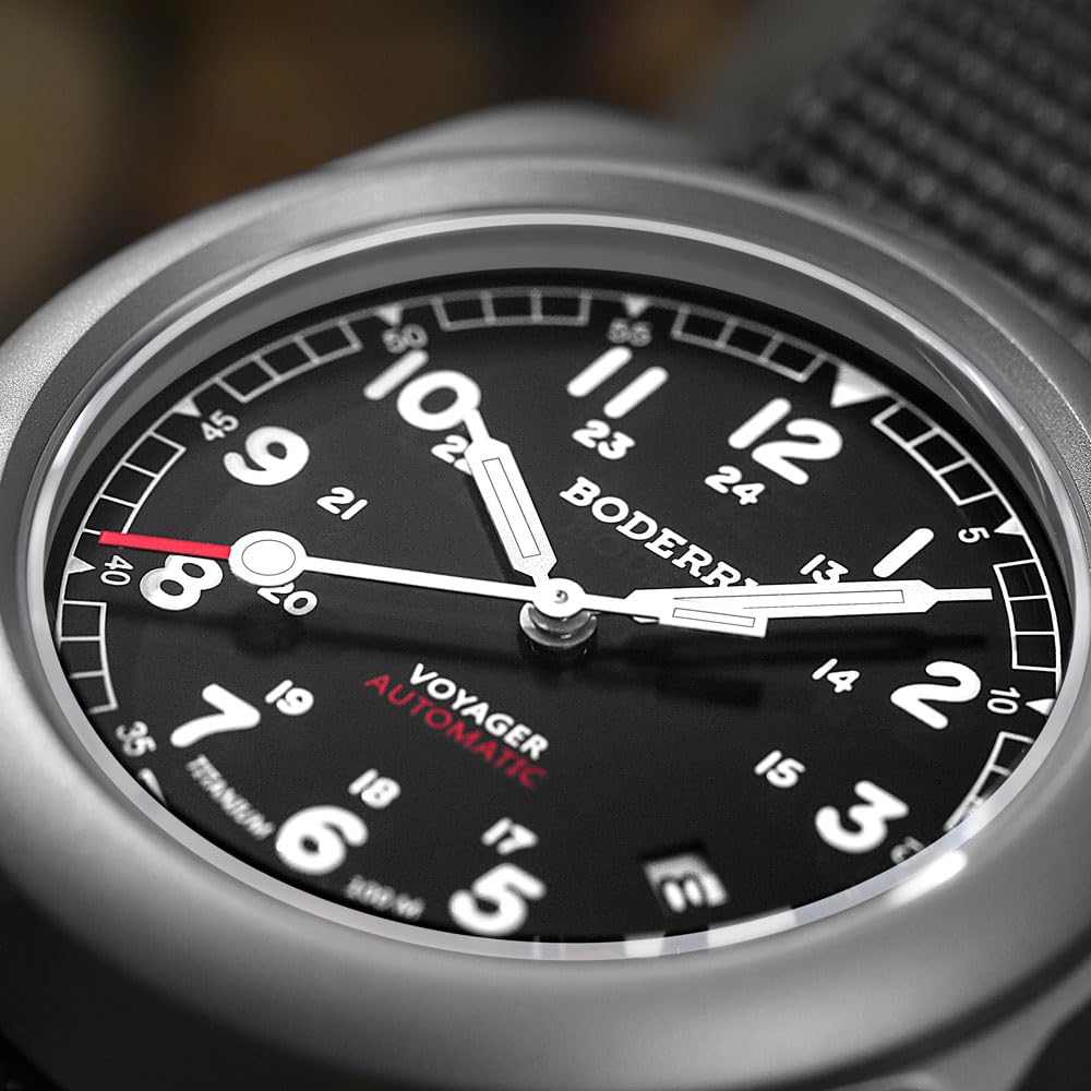BODERRY Men's Titanium Automatic Military Watch 40mm, Day Date, 100M Waterproof, Japanese Mechanical Movement Voyager